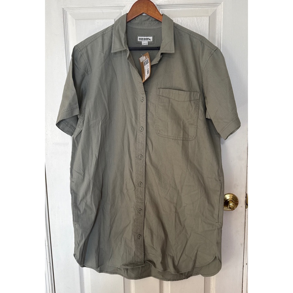 Eddie Bauer Everyday Cotton Dress Sage Green Button Front Short Sleeve Large NWT